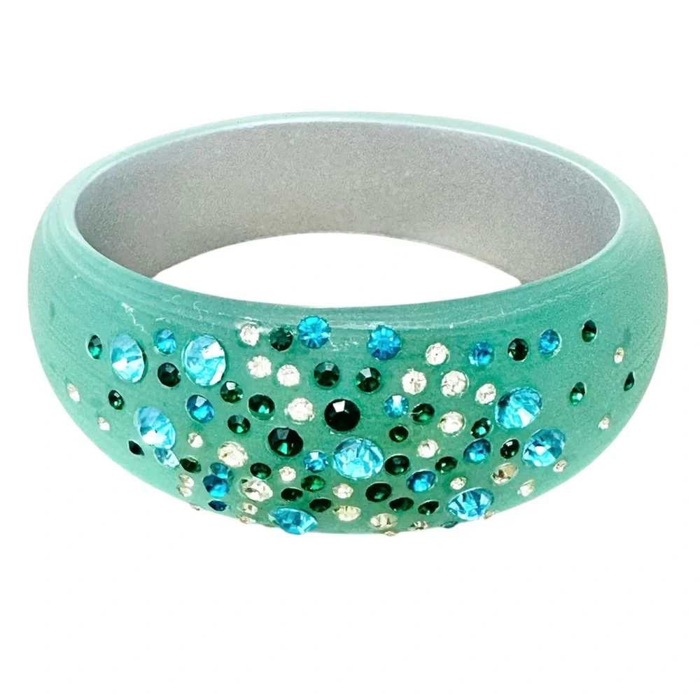 Teal Blue Green Acrylic Rhinestone Thick Bangle Bracelet